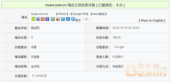huaxi.com.cn 域名交易结果详情